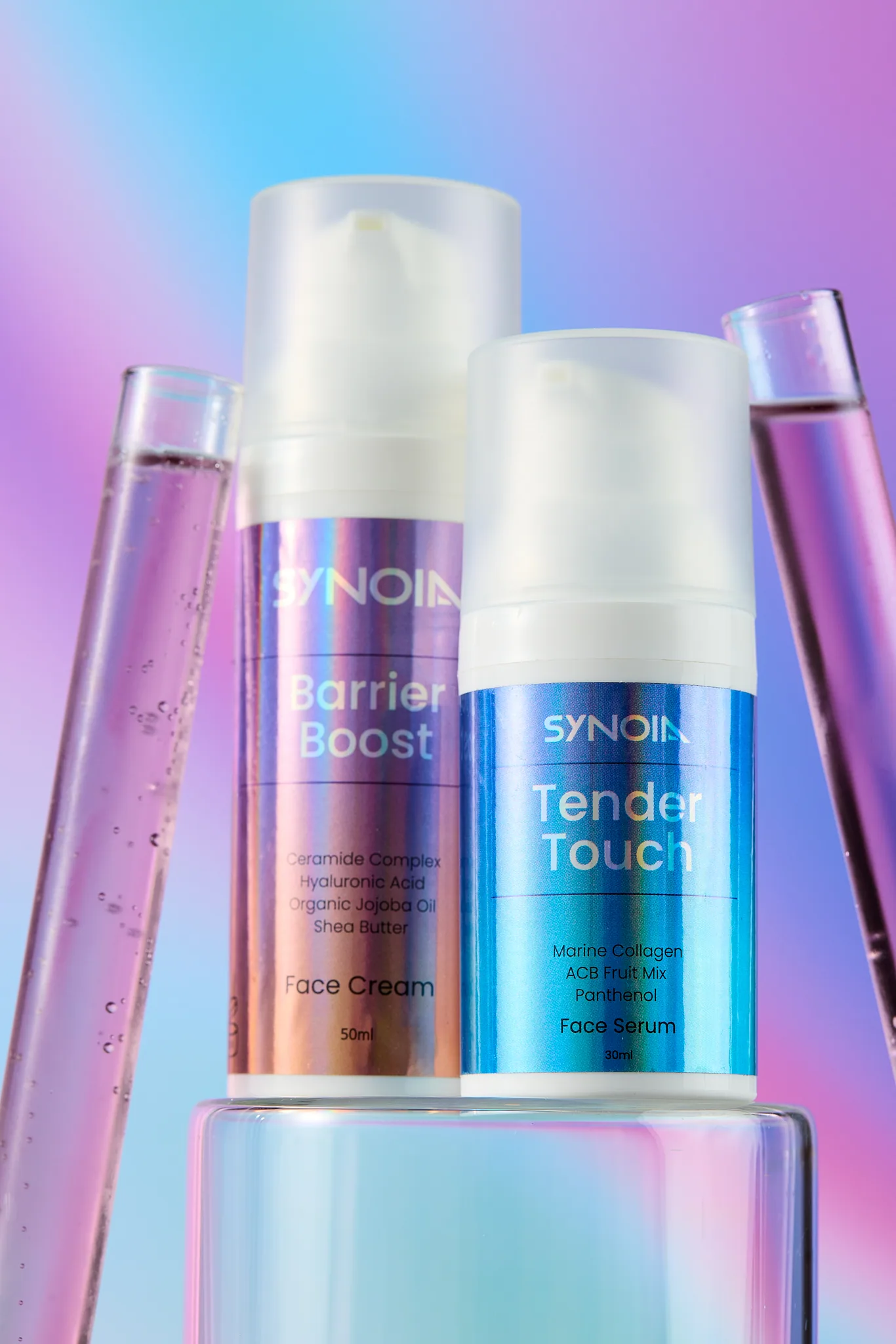 The Barrier Boost face cream and Tender Touch serum bottles