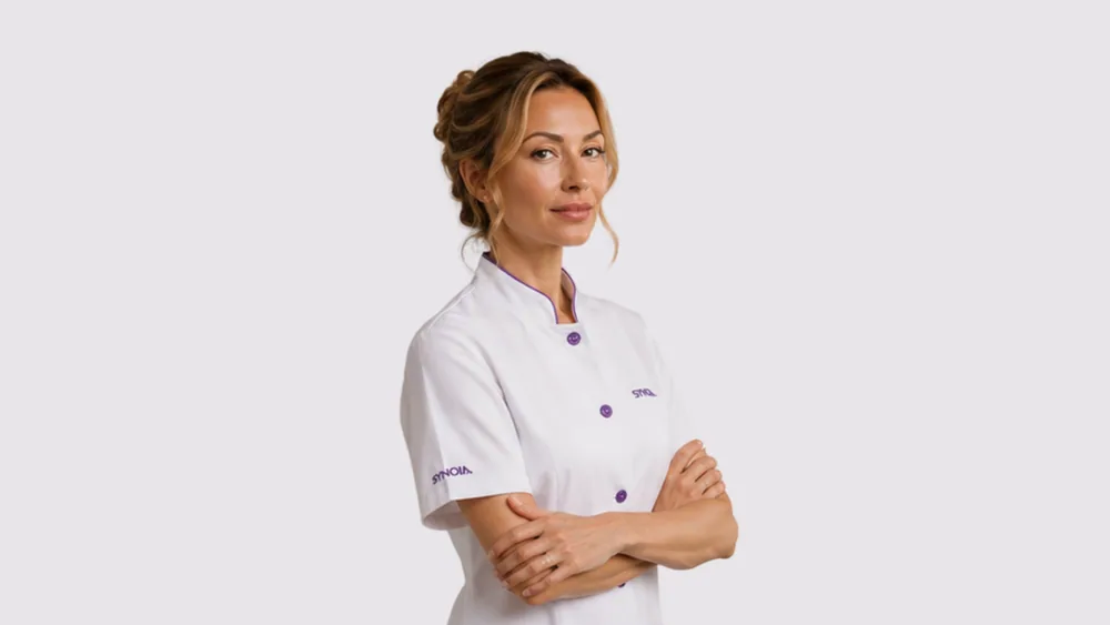 A cosmetician in a SYNOIA-branded coat