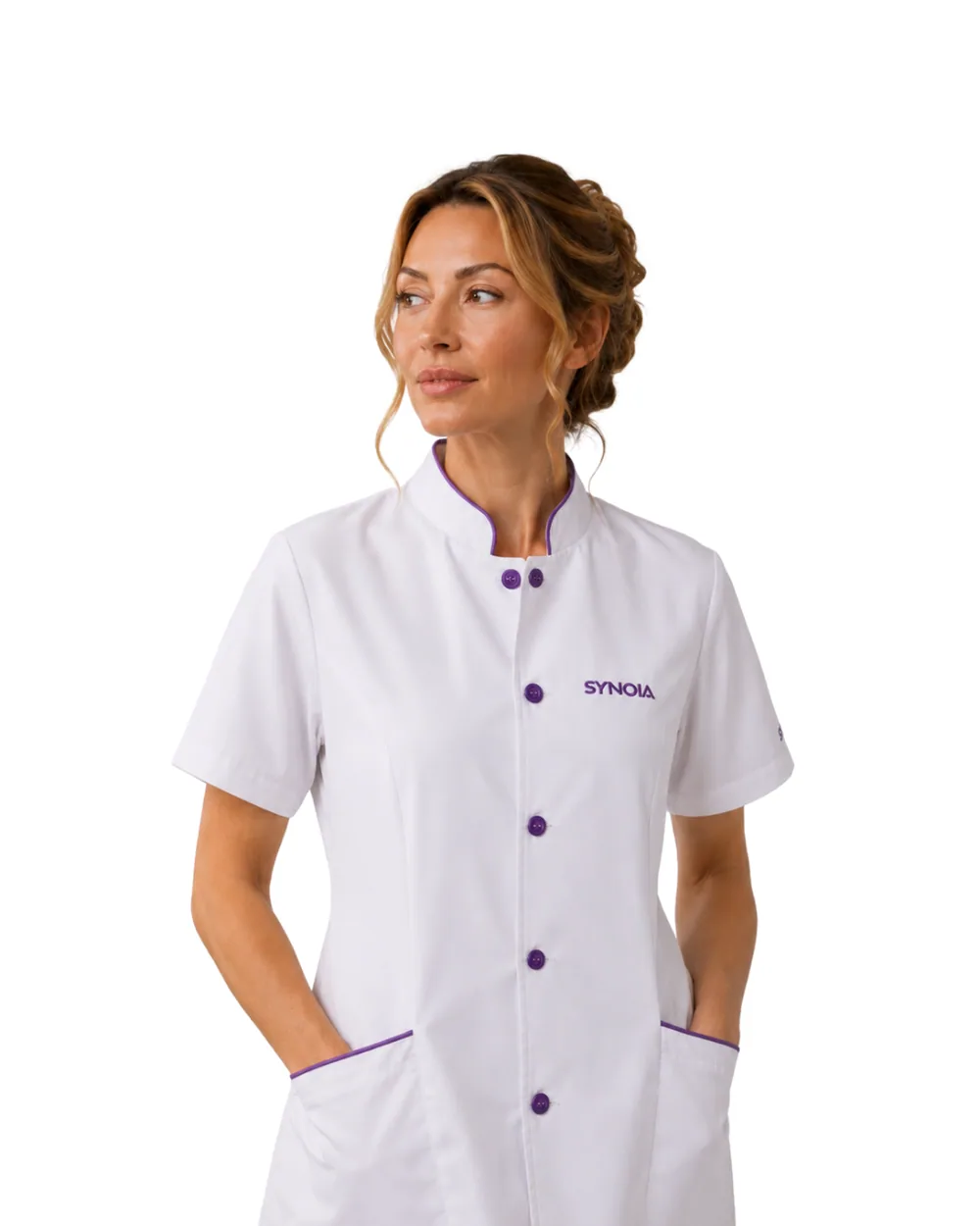 A cosmetician in a SYNOIA-branded coat